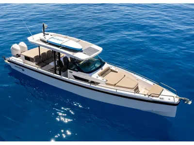Exterior view of Premium, a Axopar 37  Sun Top motorboat at Chania, Greece