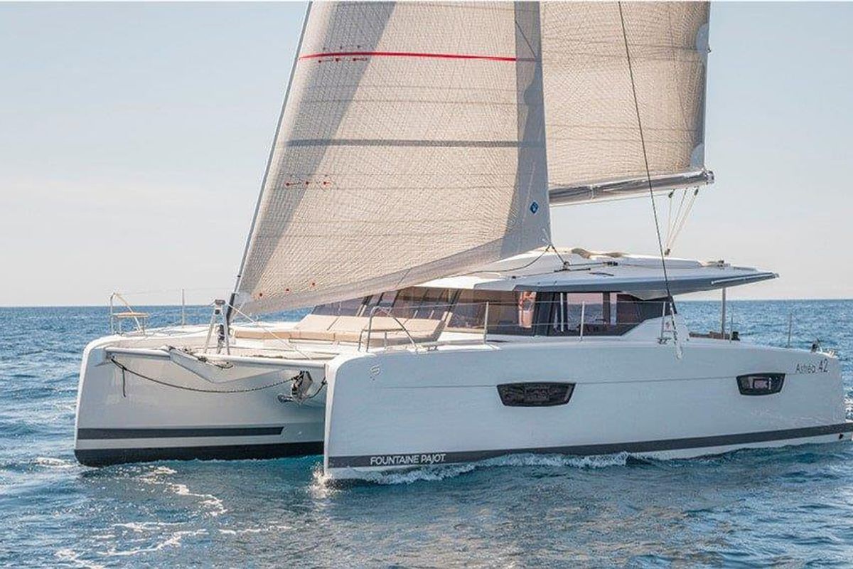 Exterior view of Fortunata, a Fountaine Pajot Astrea 42 catamaran at Road Town, British Virgin Islands
