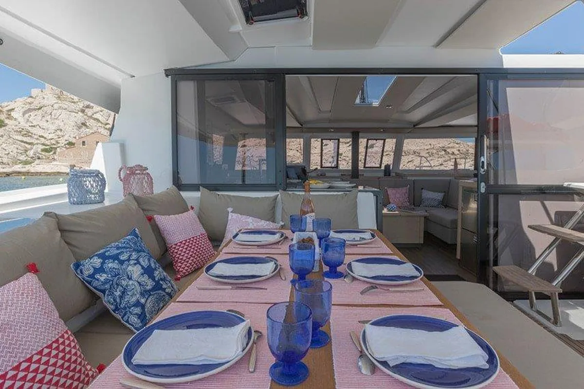 Deck of Fortunata, a Fountaine Pajot Astrea 42 catamaran at Road Town, British Virgin Islands