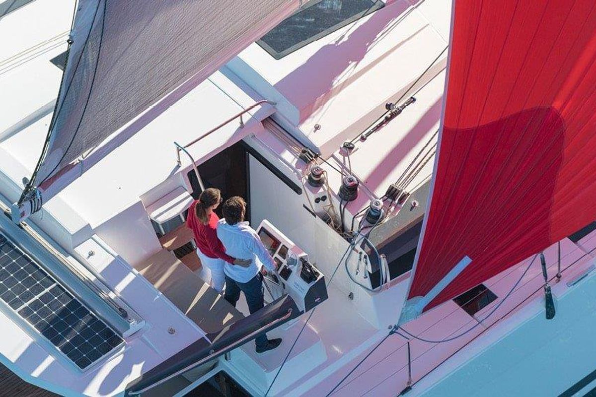 Cockpit of Fortunata, a Fountaine Pajot Astrea 42 catamaran at Road Town, British Virgin Islands