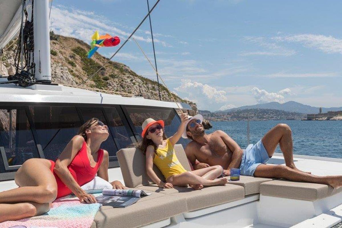 Deck of Fortunata, a Fountaine Pajot Astrea 42 catamaran at Road Town, British Virgin Islands