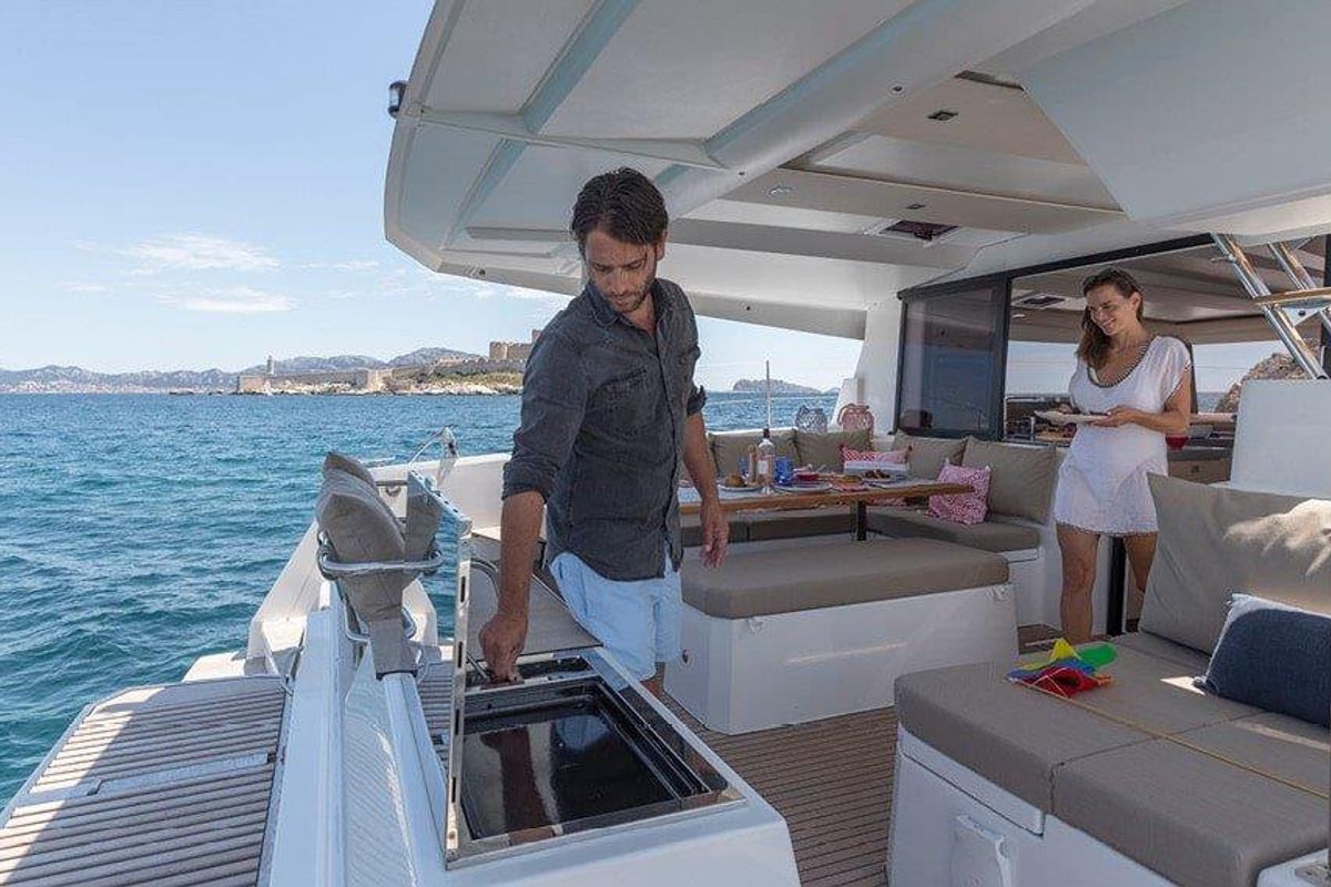 Deck of Fortunata, a Fountaine Pajot Astrea 42 catamaran at Road Town, British Virgin Islands