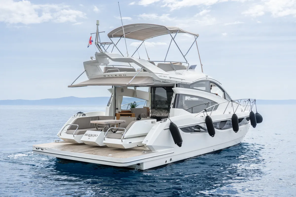 Bellagio, a Galeon Galeon 430 Skydeck motorboat at Makarska, Croatia