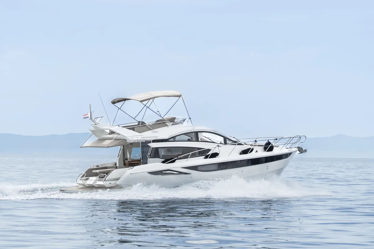 Bellagio, a Galeon Galeon 430 Skydeck motorboat at Makarska, Croatia