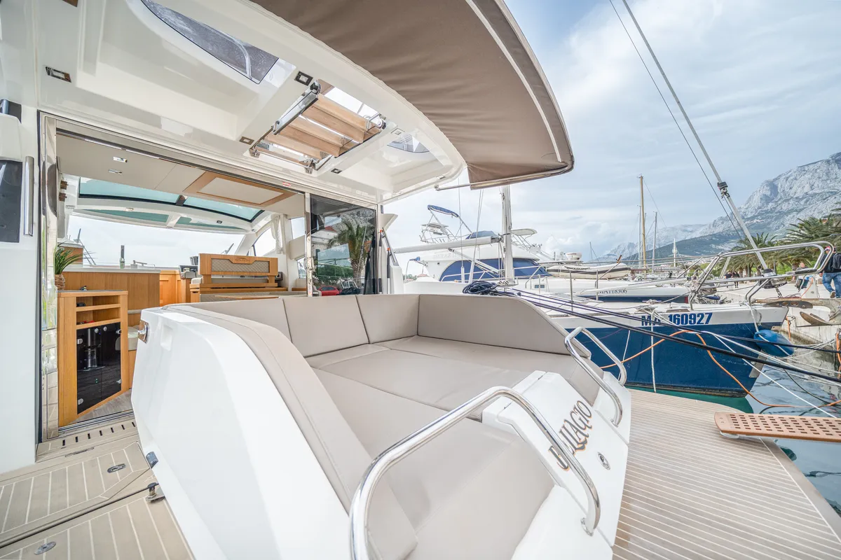 Bellagio, a Galeon Galeon 430 Skydeck motorboat at Makarska, Croatia