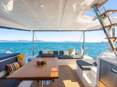 Deck of Olandese Volante, a Lagoon 43 catamaran at Olbia, Italy