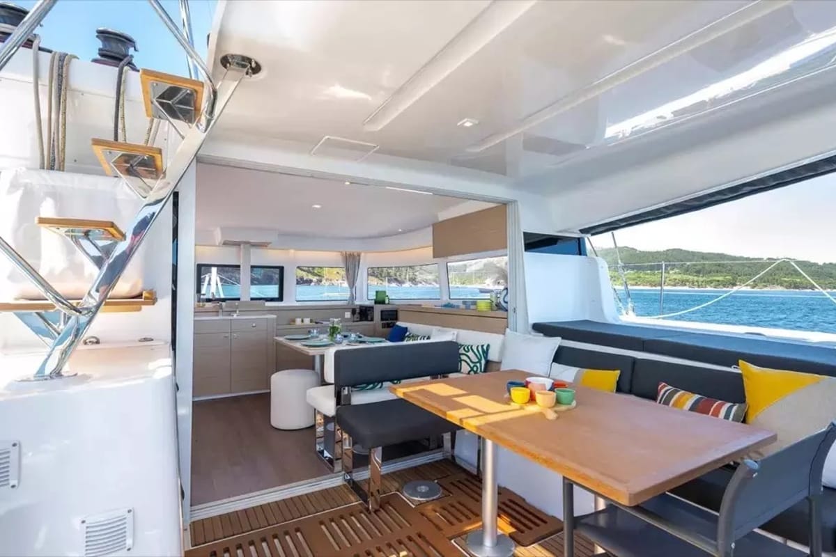 Salon of Olandese Volante, a Lagoon 43 catamaran at Olbia, Italy