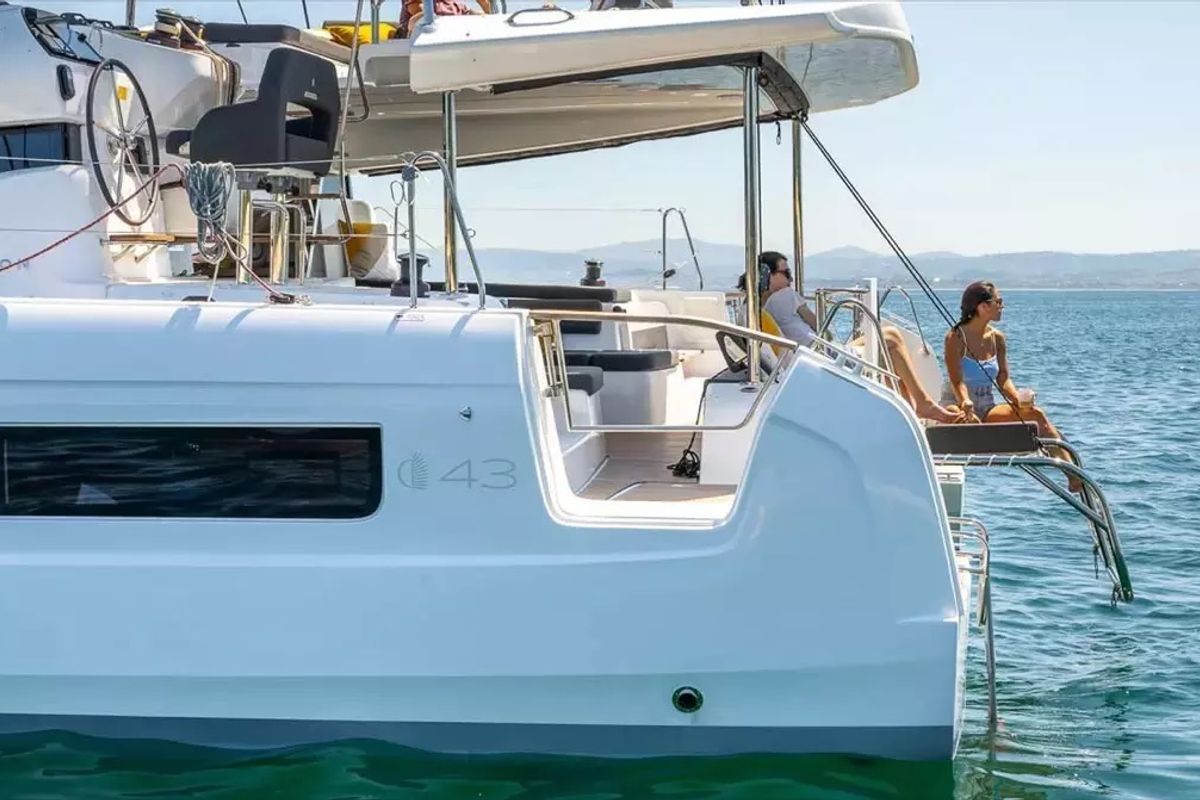 Exterior view of Olandese Volante, a Lagoon 43 catamaran at Olbia, Italy