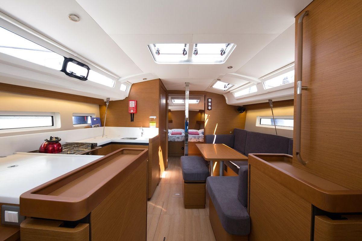 Salon of Suncity 4, a Jeanneau Sun Odyssey 440 sailboat at Fethiye, Turkey
