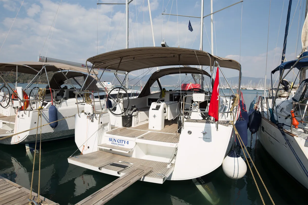 Exterior view of Suncity 4, a Jeanneau Sun Odyssey 440 sailboat at Fethiye, Turkey