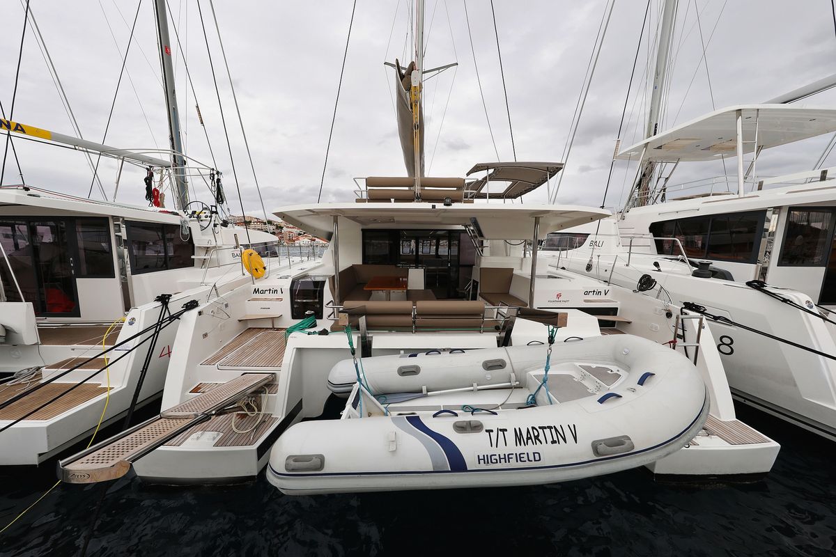 Exterior view of Martin V, a Fountaine Pajot Saona 47 Quintet catamaran at Općina Rogoznica, Croatia