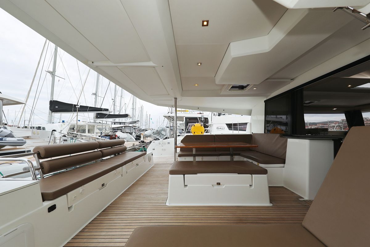 Deck of Martin V, a Fountaine Pajot Saona 47 Quintet catamaran at Općina Rogoznica, Croatia