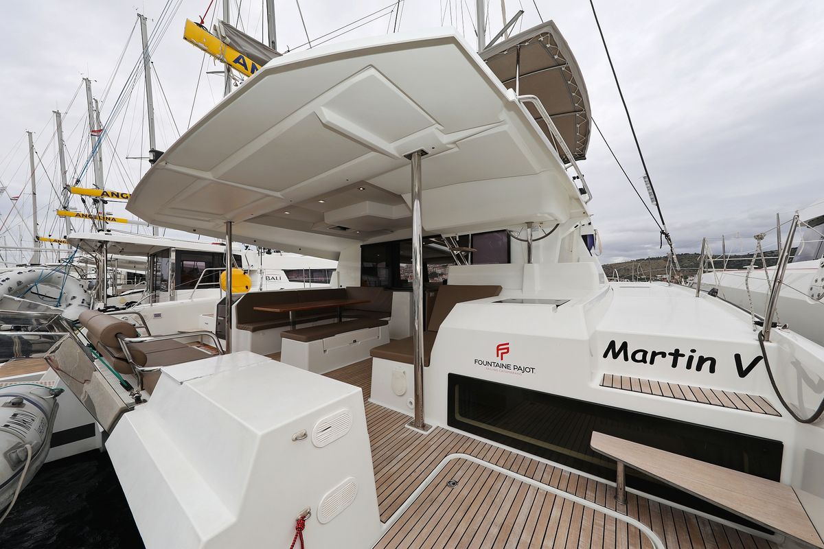 Deck of Martin V, a Fountaine Pajot Saona 47 Quintet catamaran at Općina Rogoznica, Croatia
