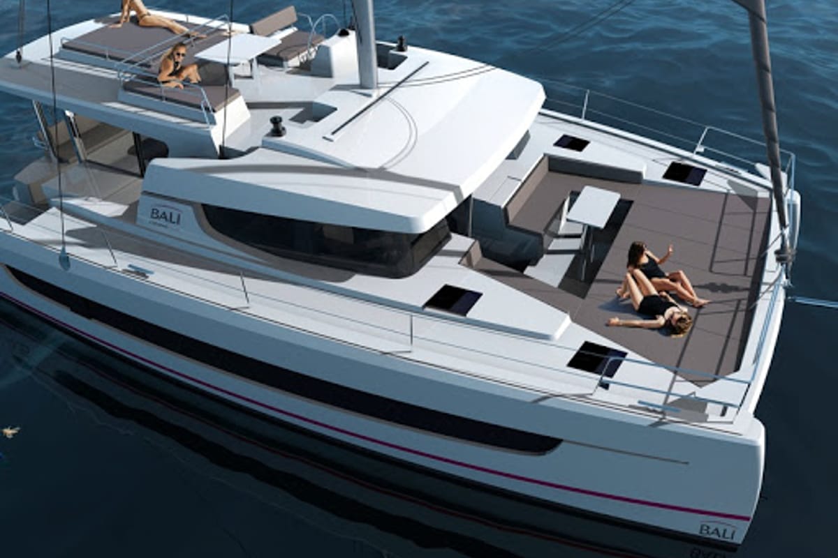 Exterior view of Mirage, a Bali 4.6 catamaran at Fethiye, Turkey
