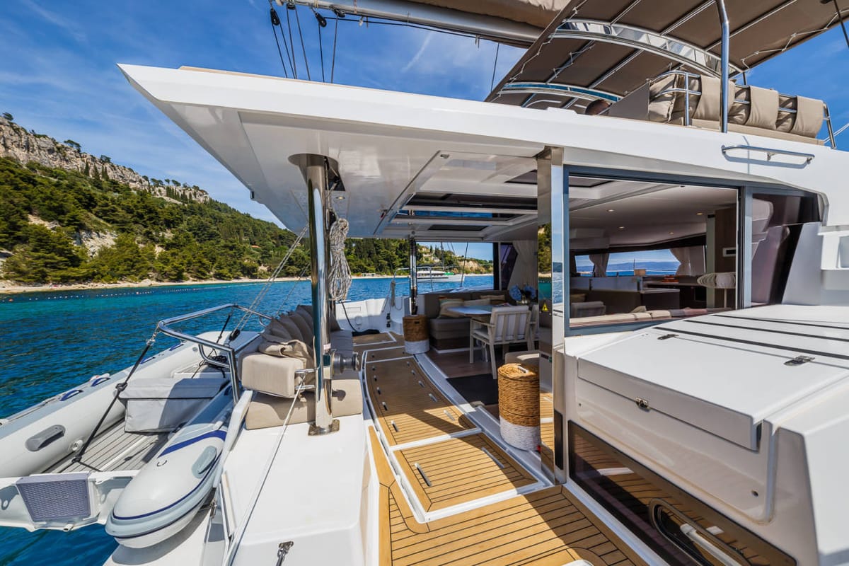 Deck of Mirage, a Bali 4.6 catamaran at Fethiye, Turkey