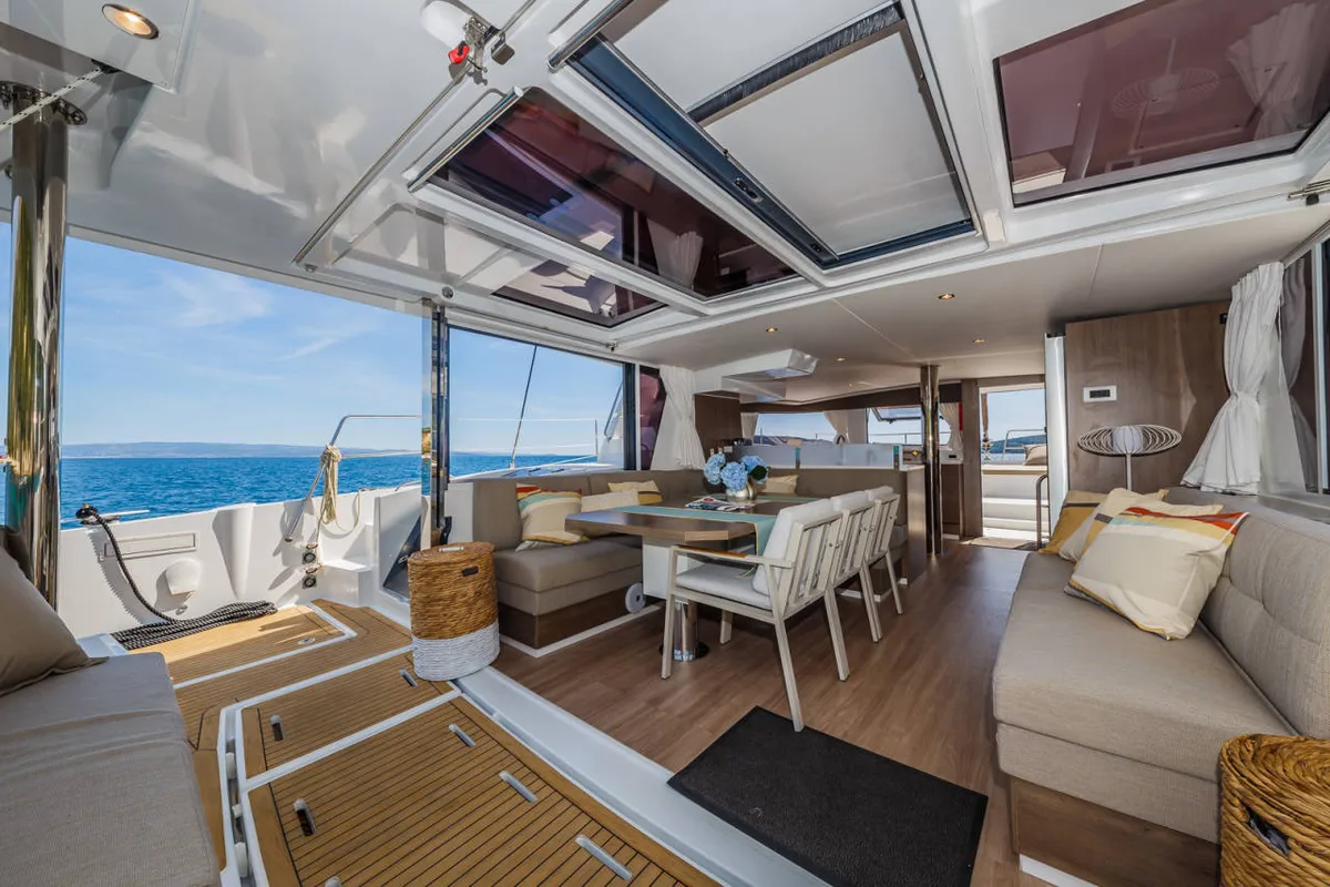 Salon of Mirage, a Bali 4.6 catamaran at Fethiye, Turkey