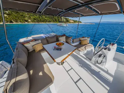 Cockpit of Mirage, a Bali 4.6 catamaran at Fethiye, Turkey