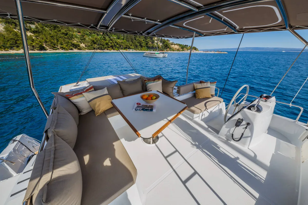 Cockpit of Mirage, a Bali 4.6 catamaran at Fethiye, Turkey