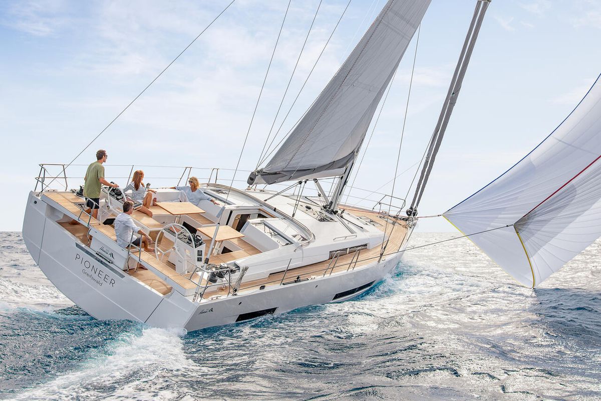 Exterior view of Amber - OW, a Hanse Yachts Hanse 510 sailboat at Grad Kaštela, Croatia