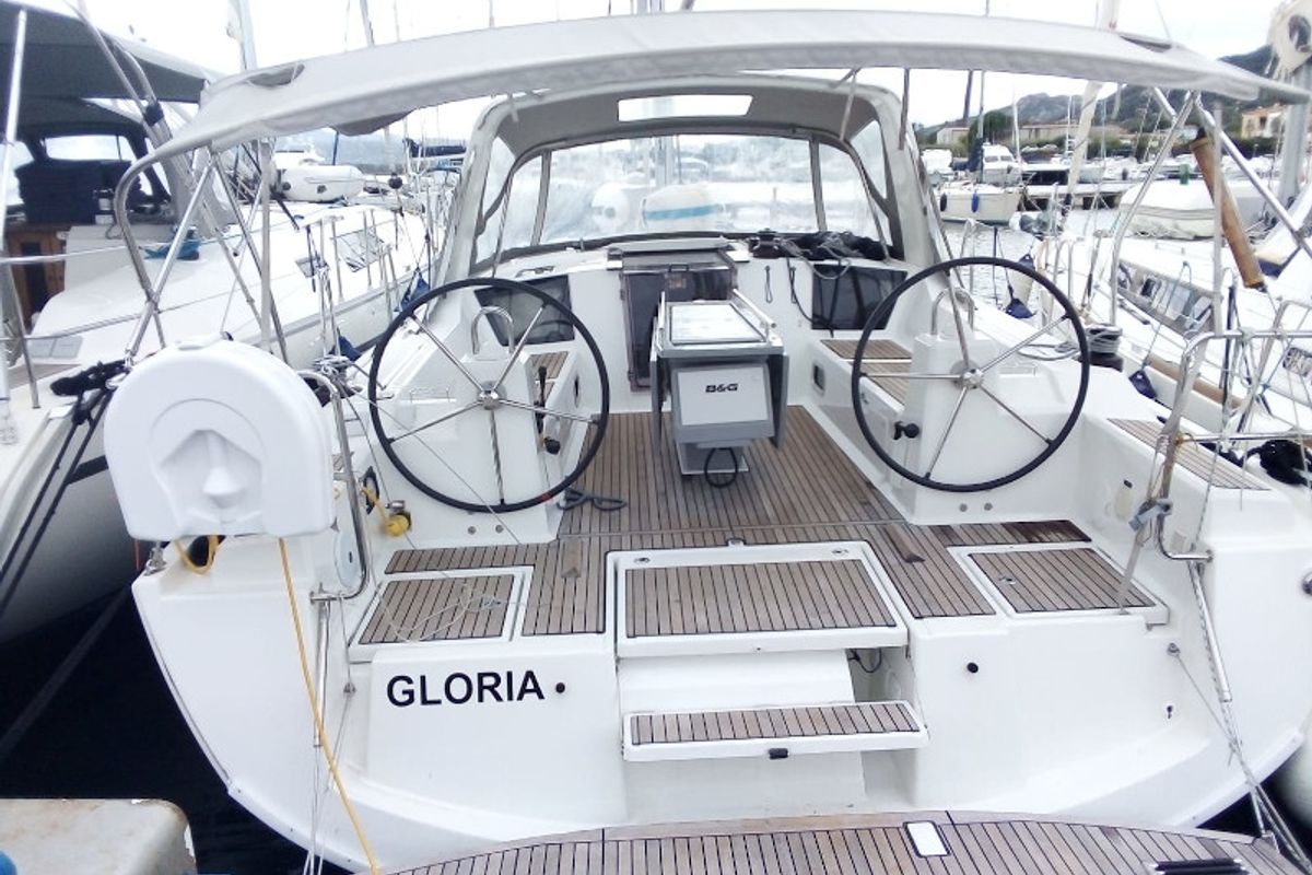 Cockpit of Gloria, a Beneteau Oceanis 41.1 sailboat at Puntone di Scarlino, Italy