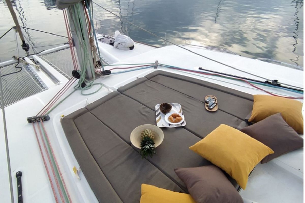 Deck of Azraq, a Lagoon 450 F catamaran at Athens, Greece