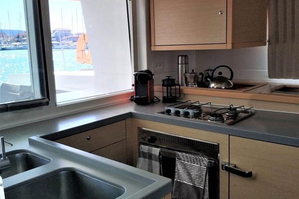 Galley of Azraq, a Lagoon 450 F catamaran at Athens, Greece