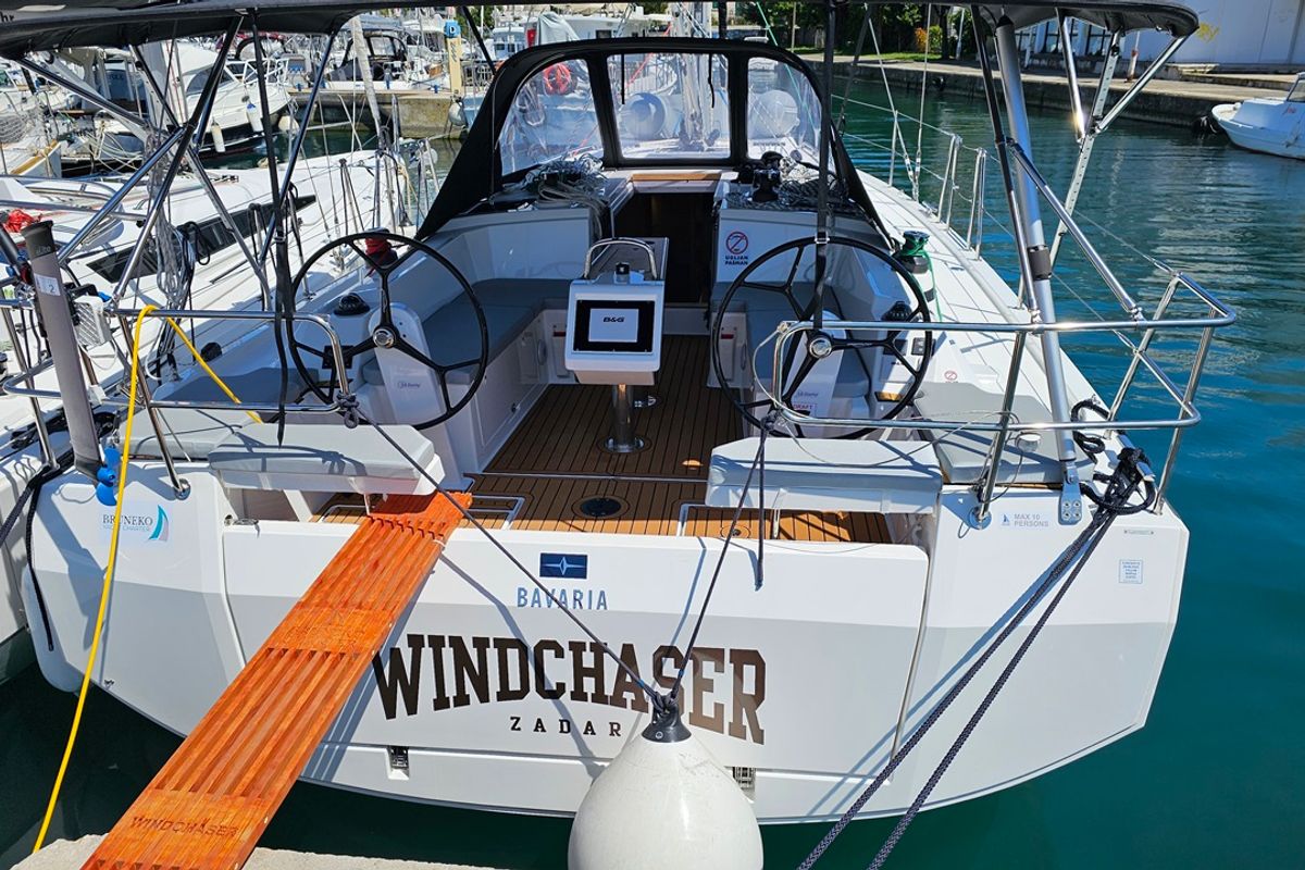 Deck of Windchaser, a Bavaria C38 sailboat at Zadar, Croatia