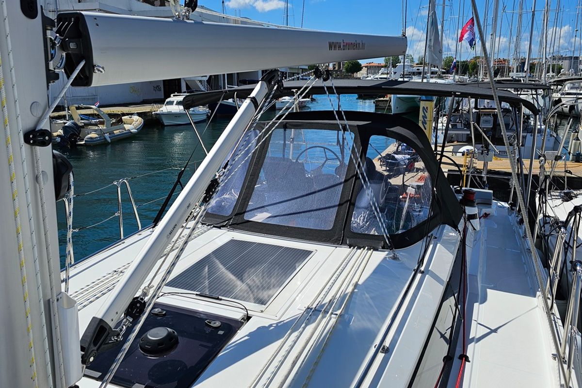 Deck of Windchaser, a Bavaria C38 sailboat at Zadar, Croatia
