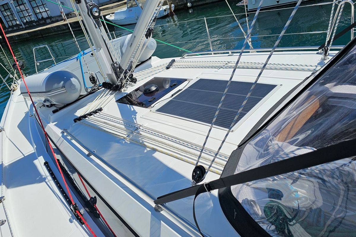 Deck of Windchaser, a Bavaria C38 sailboat at Zadar, Croatia