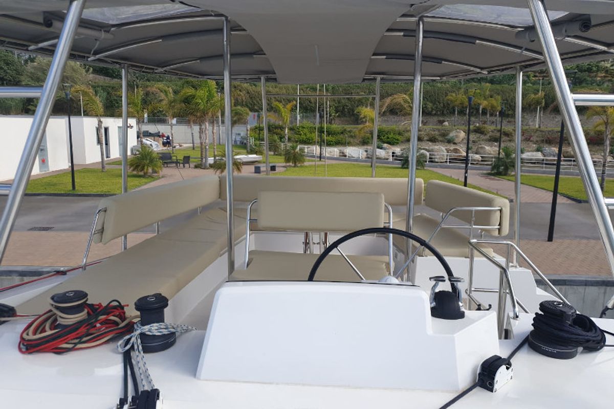 Cockpit of Elettra, a Nautitech 46 Fly catamaran at Capo d'Orlando, Italy