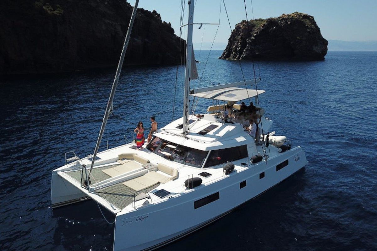 Exterior view of Elettra, a Nautitech 46 Fly catamaran at Capo d'Orlando, Italy