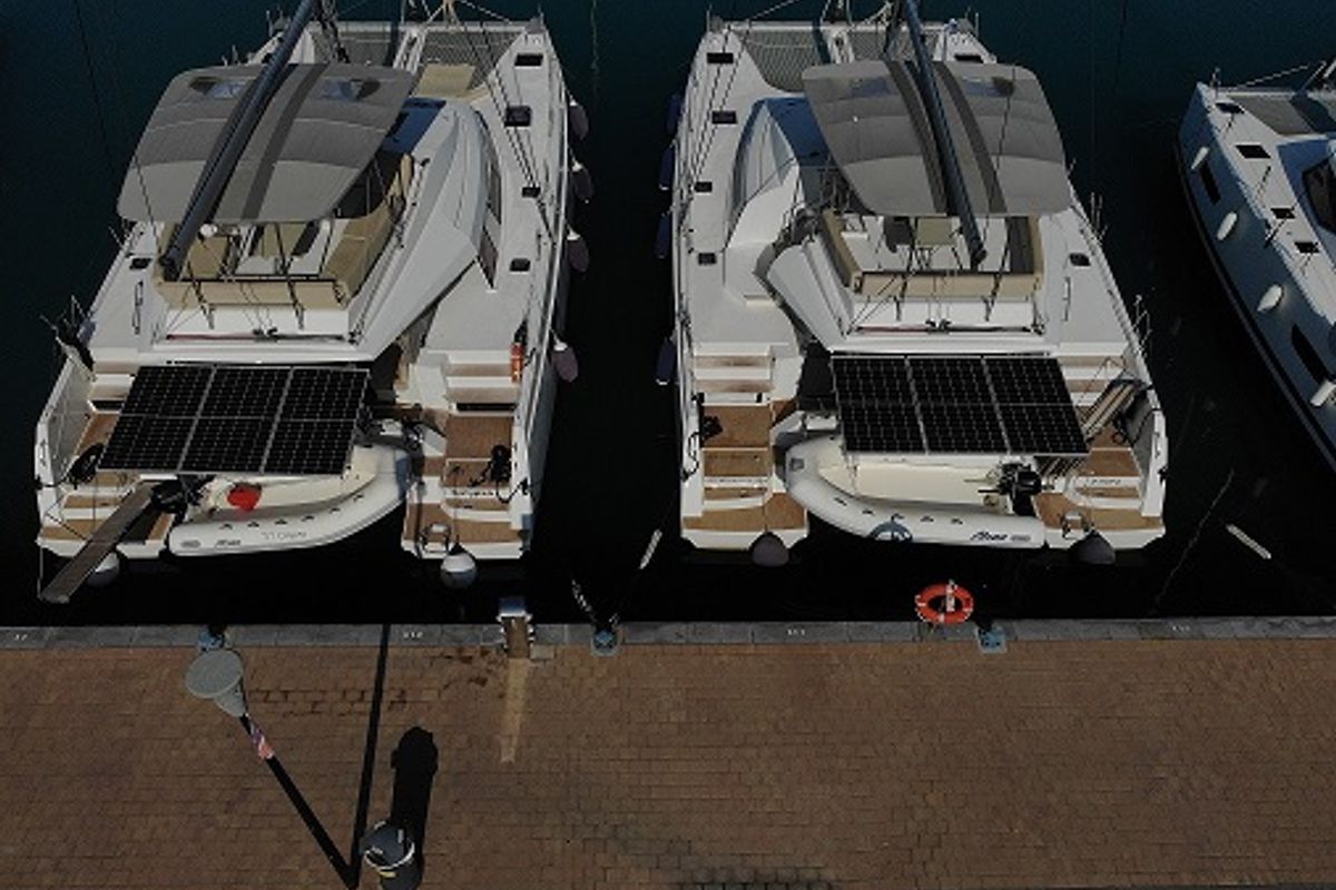 Exterior view of Elettra, a Nautitech 46 Fly catamaran at Capo d'Orlando, Italy