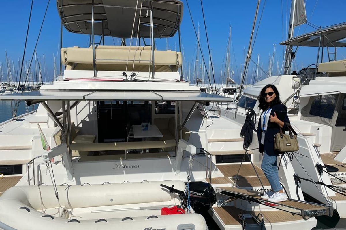 Exterior view of Elettra, a Nautitech 46 Fly catamaran at Capo d'Orlando, Italy