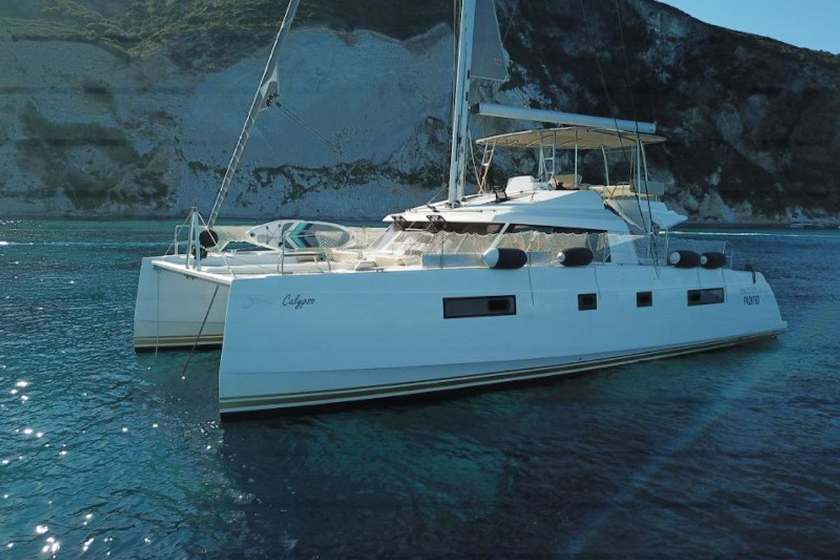 Exterior view of Elettra, a Nautitech 46 Fly catamaran at Capo d'Orlando, Italy