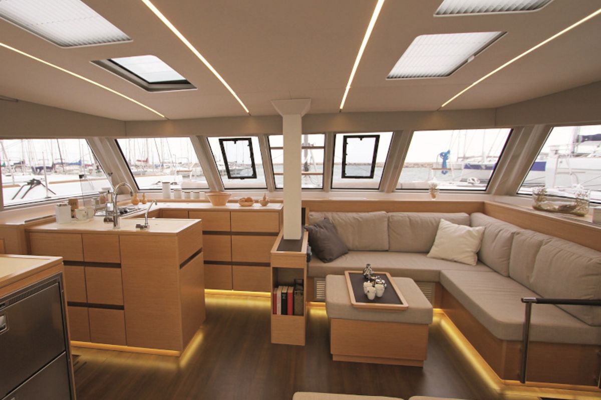 Salon of Elettra, a Nautitech 46 Fly catamaran at Capo d'Orlando, Italy