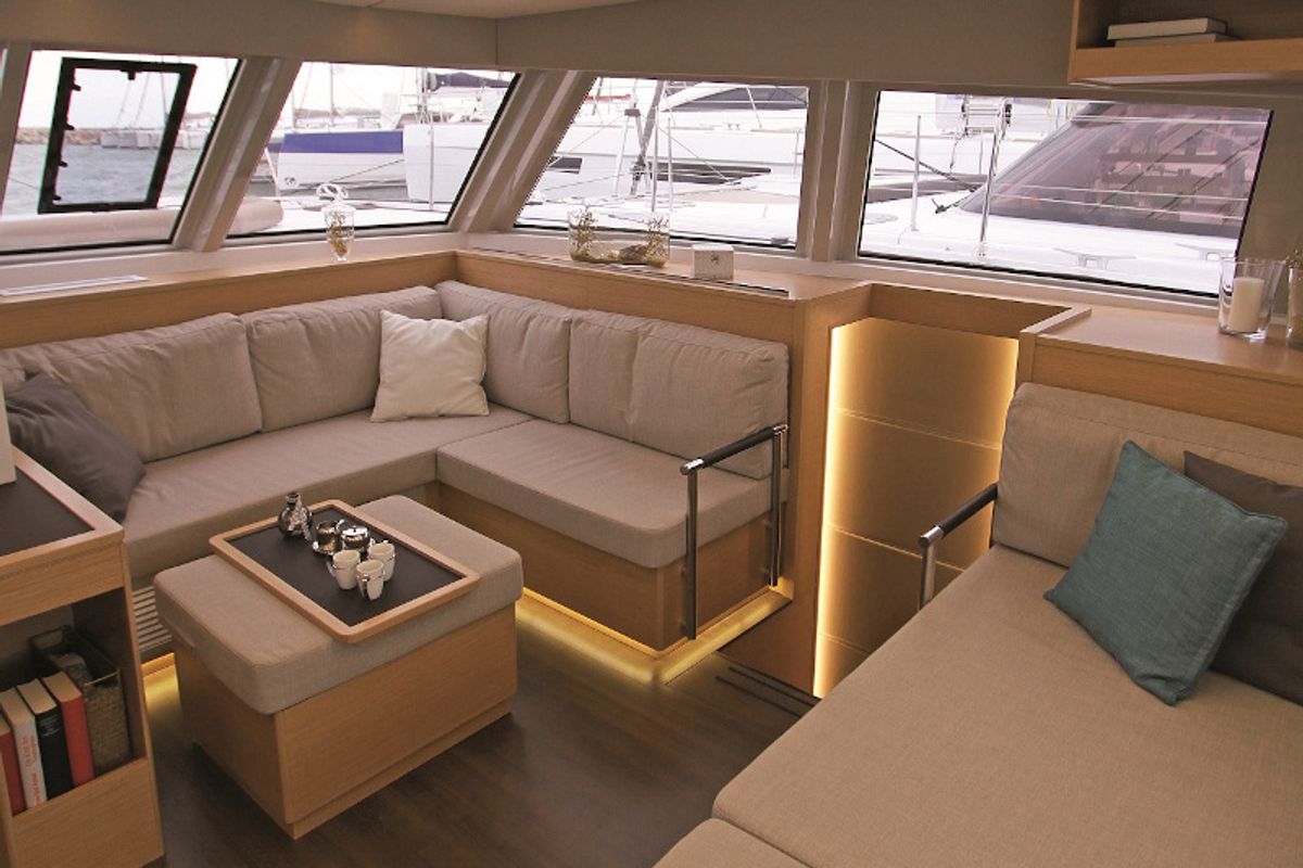 Salon of Elettra, a Nautitech 46 Fly catamaran at Capo d'Orlando, Italy