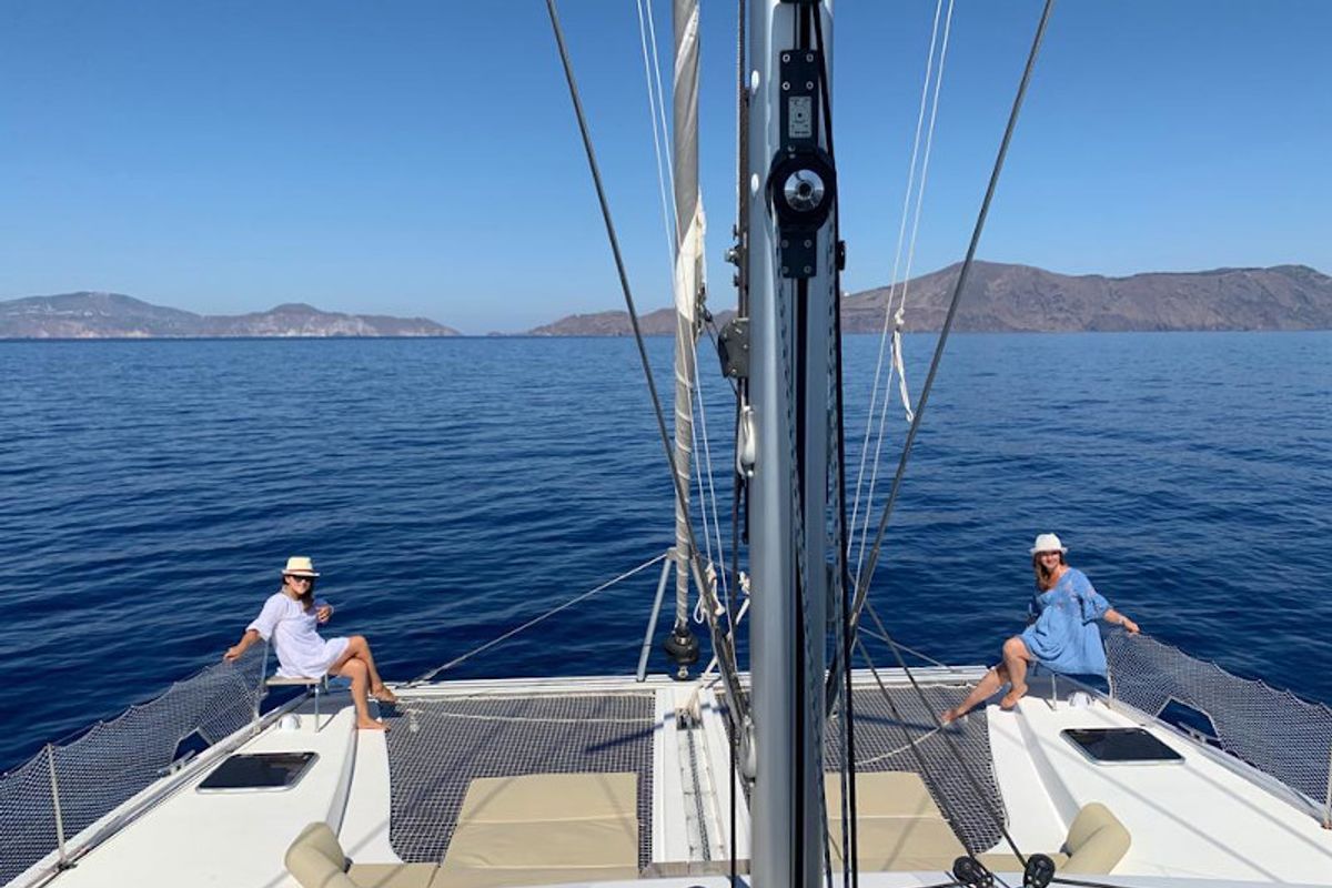 Deck of Elettra, a Nautitech 46 Fly catamaran at Capo d'Orlando, Italy