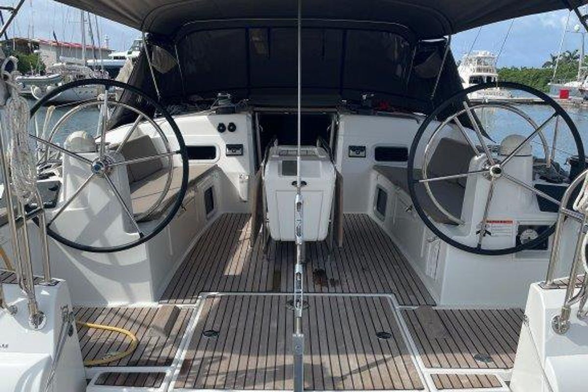 Cockpit of Oxygen, a Jeanneau Sun Odyssey 519 sailboat at Road Town, British Virgin Islands