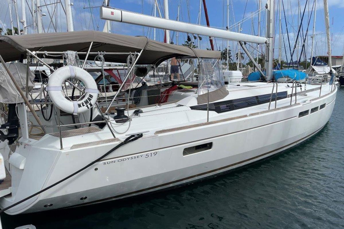 Exterior view of Oxygen, a Jeanneau Sun Odyssey 519 sailboat at Road Town, British Virgin Islands