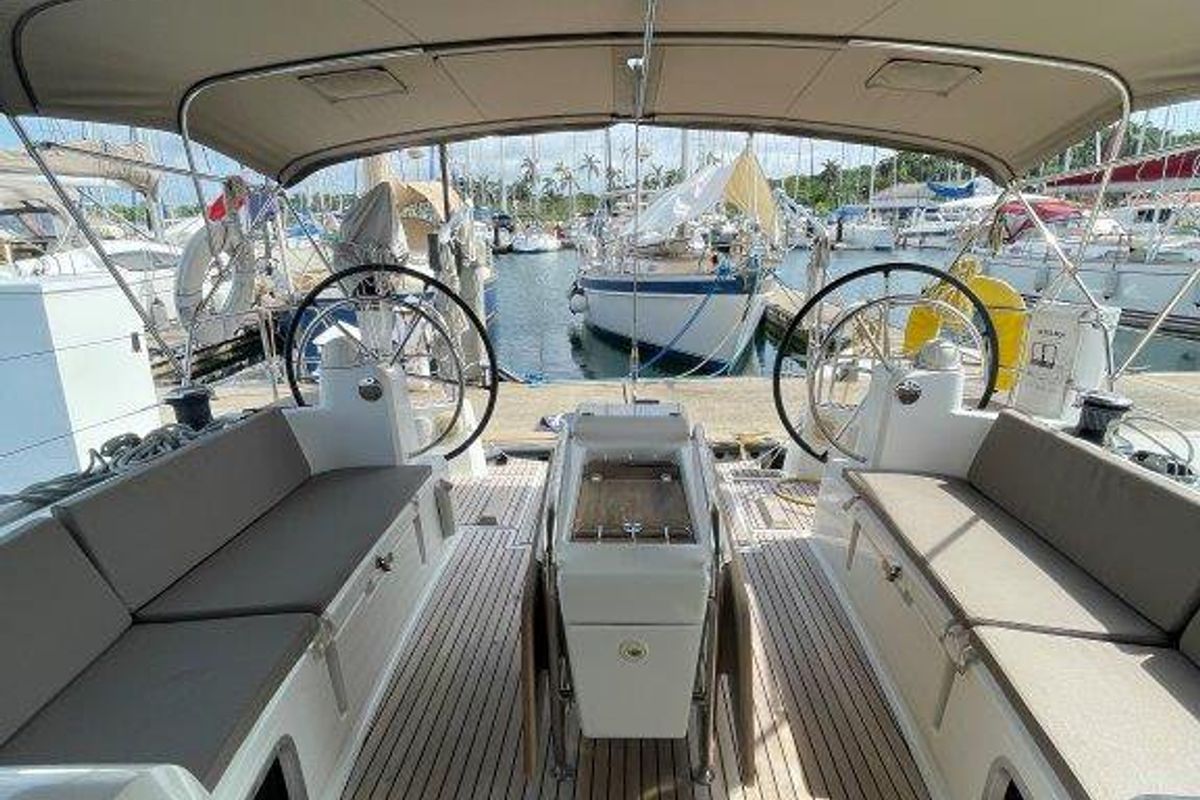 Cockpit of Oxygen, a Jeanneau Sun Odyssey 519 sailboat at Road Town, British Virgin Islands