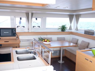 Salon of Balok, a Lagoon 450 catamaran at Santa Eulària des Riu, Spain