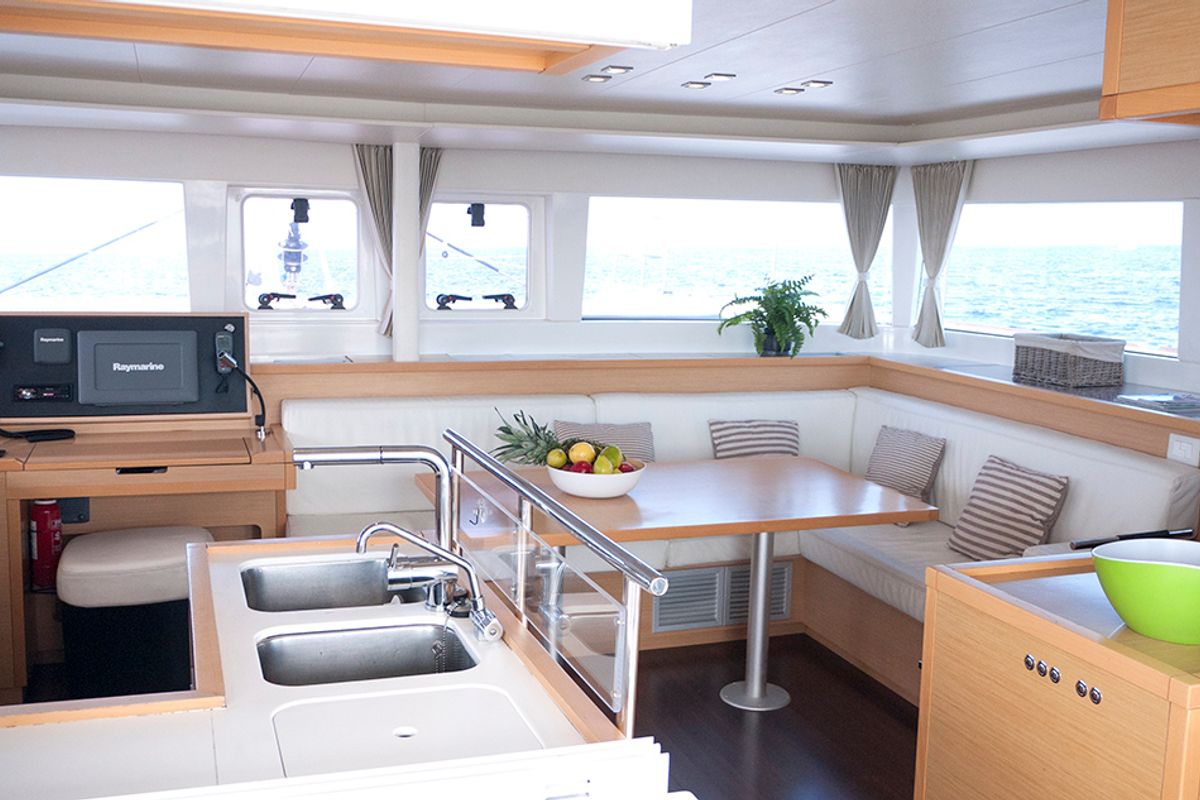 Salon of Balok, a Lagoon 450 catamaran at Santa Eulària des Riu, Spain