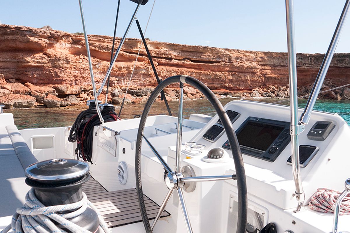 Cockpit of Balok, a Lagoon 450 catamaran at Santa Eulària des Riu, Spain