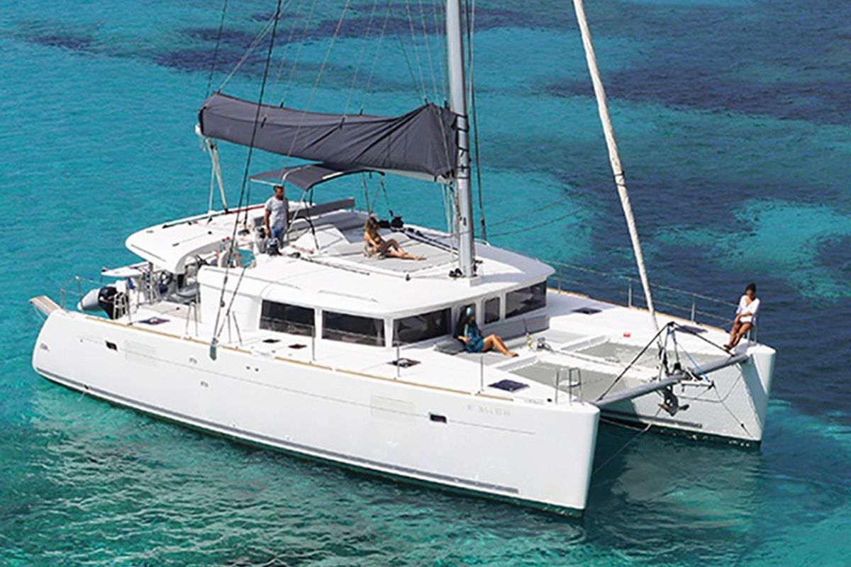 Exterior view of Balok, a Lagoon 450 catamaran at Santa Eulària des Riu, Spain