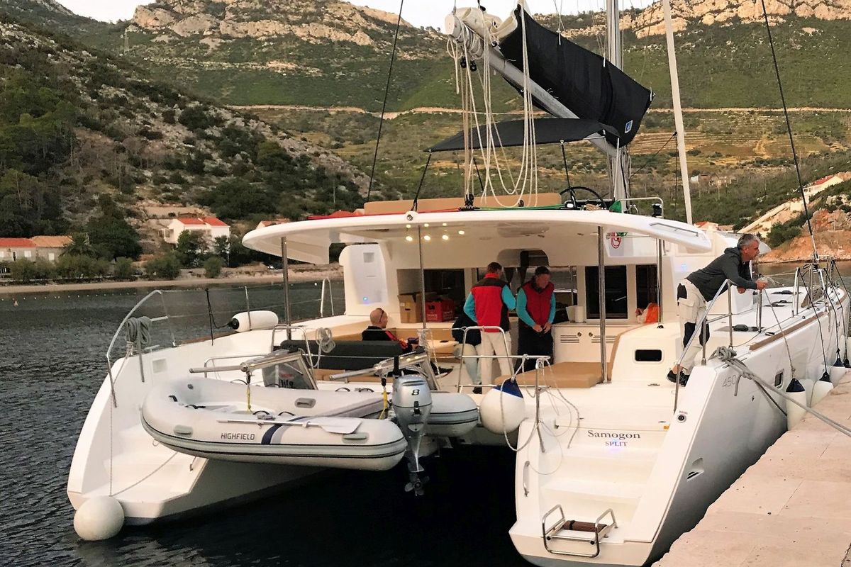 Exterior view of SAMOGON, a Lagoon 450 Fly catamaran at Rogač, Croatia