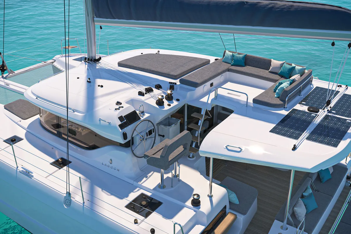 Cockpit of Aelia, a Lagoon 43 catamaran at Volos Municipality, Greece