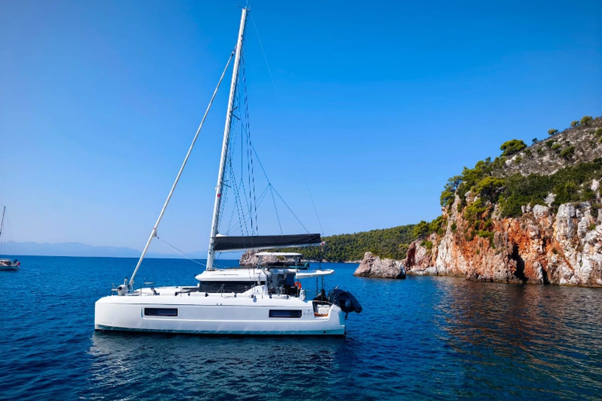 Exterior view of Aelia, a Lagoon 43 catamaran at Volos Municipality, Greece