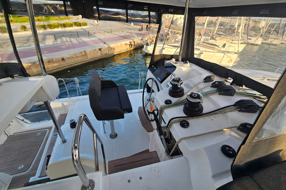 Cockpit of Aelia, a Lagoon 43 catamaran at Volos Municipality, Greece