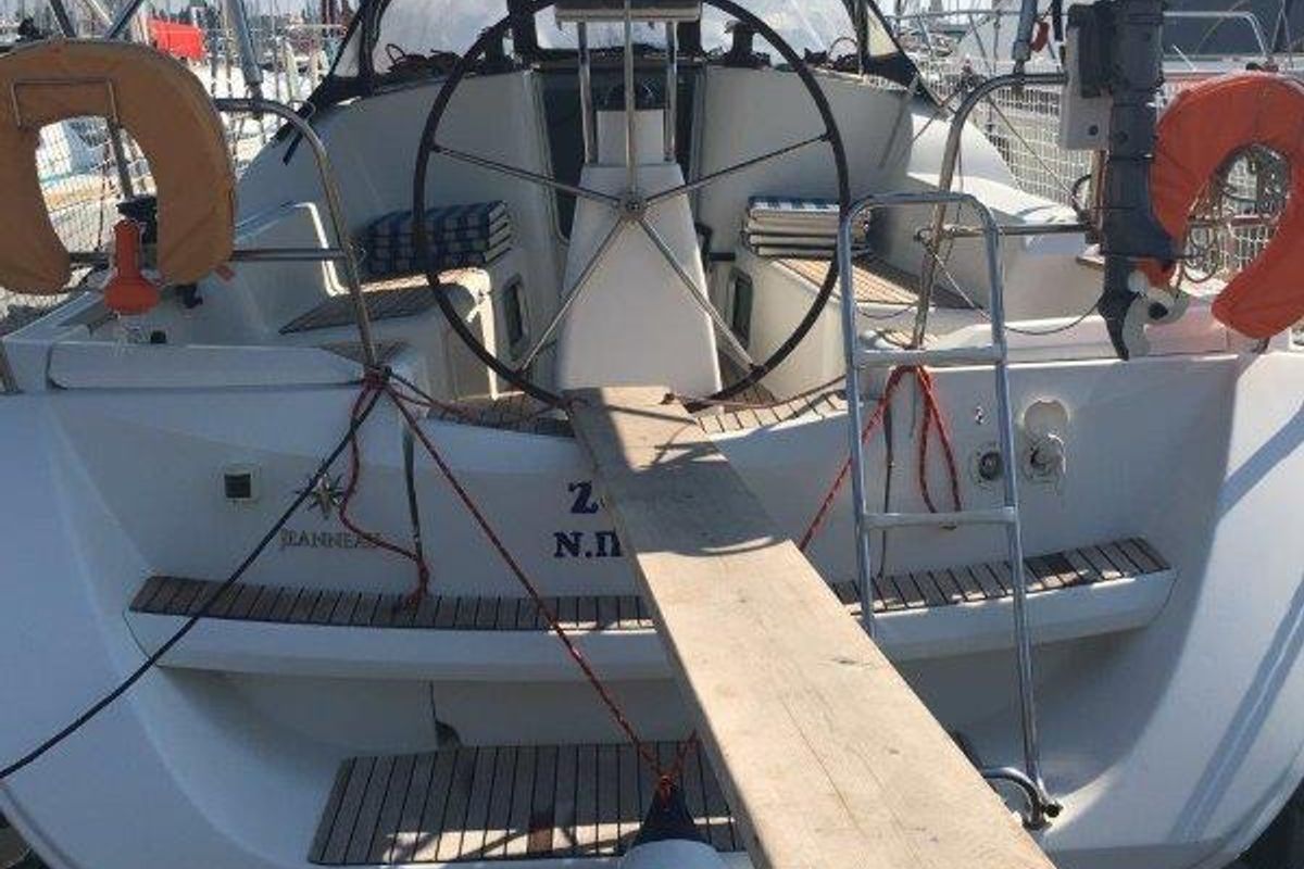 Cockpit of Dione, a Jeanneau Sun Odyssey 36i sailboat at Lavreotiki Municipal Unit, Greece
