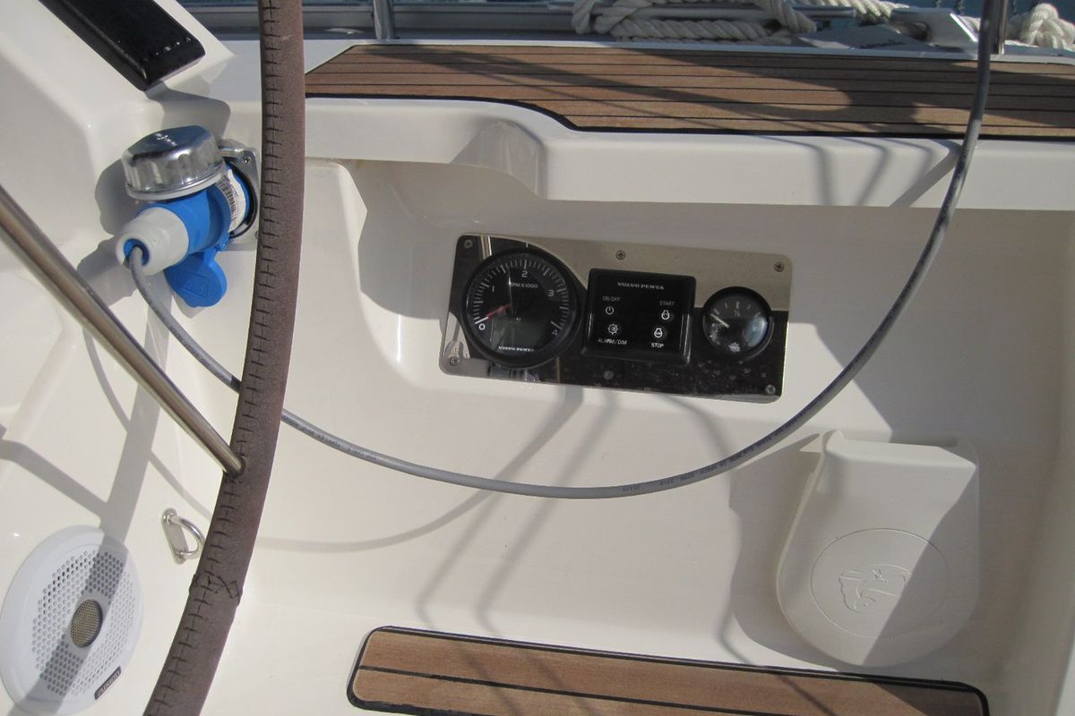 Cockpit of Vittoria, a Bavaria Cruiser 41 sailboat at Capo d'Orlando, Italy